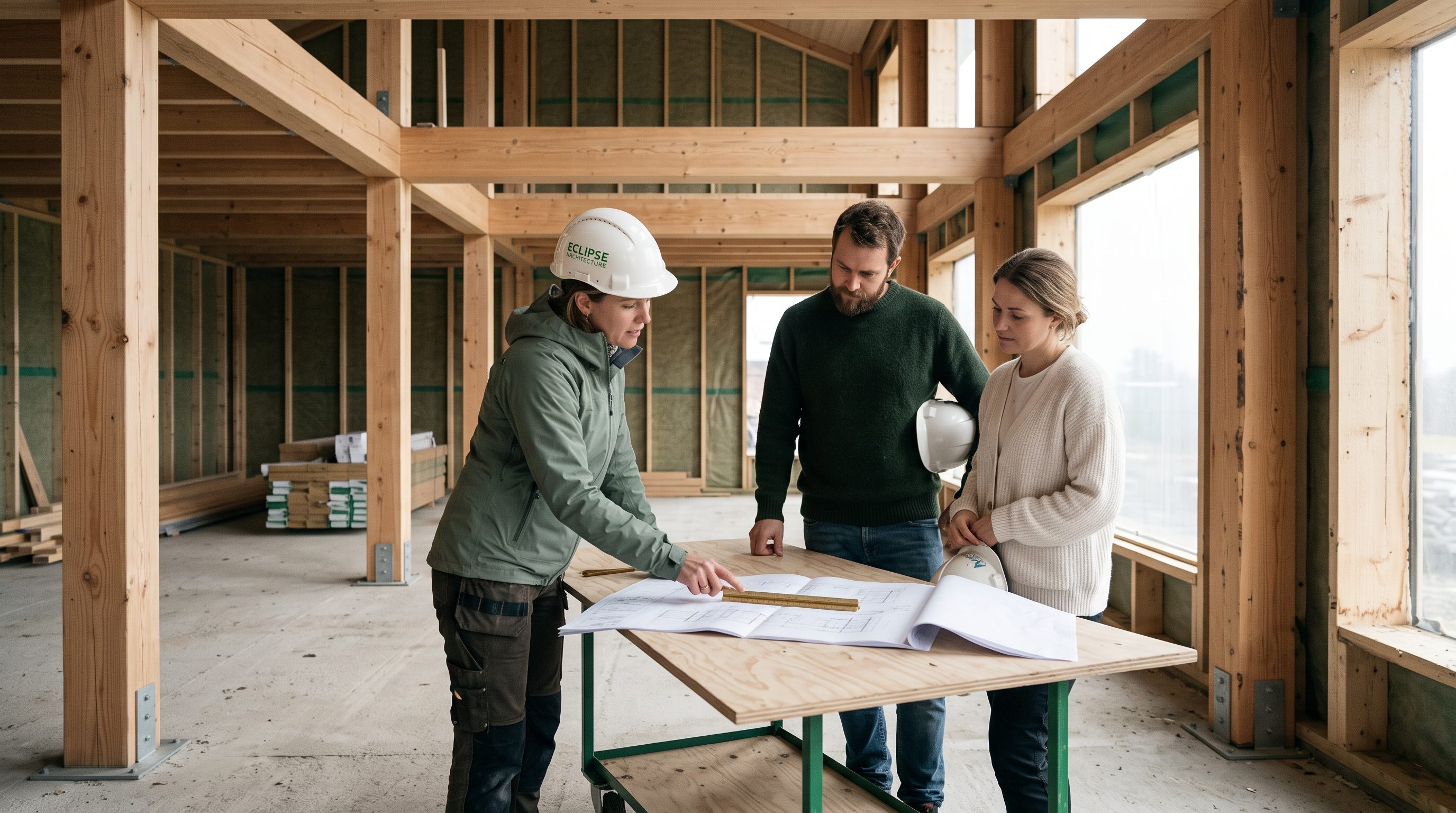 Revue de plans avec les clients dans une maison à ossature bois en construction