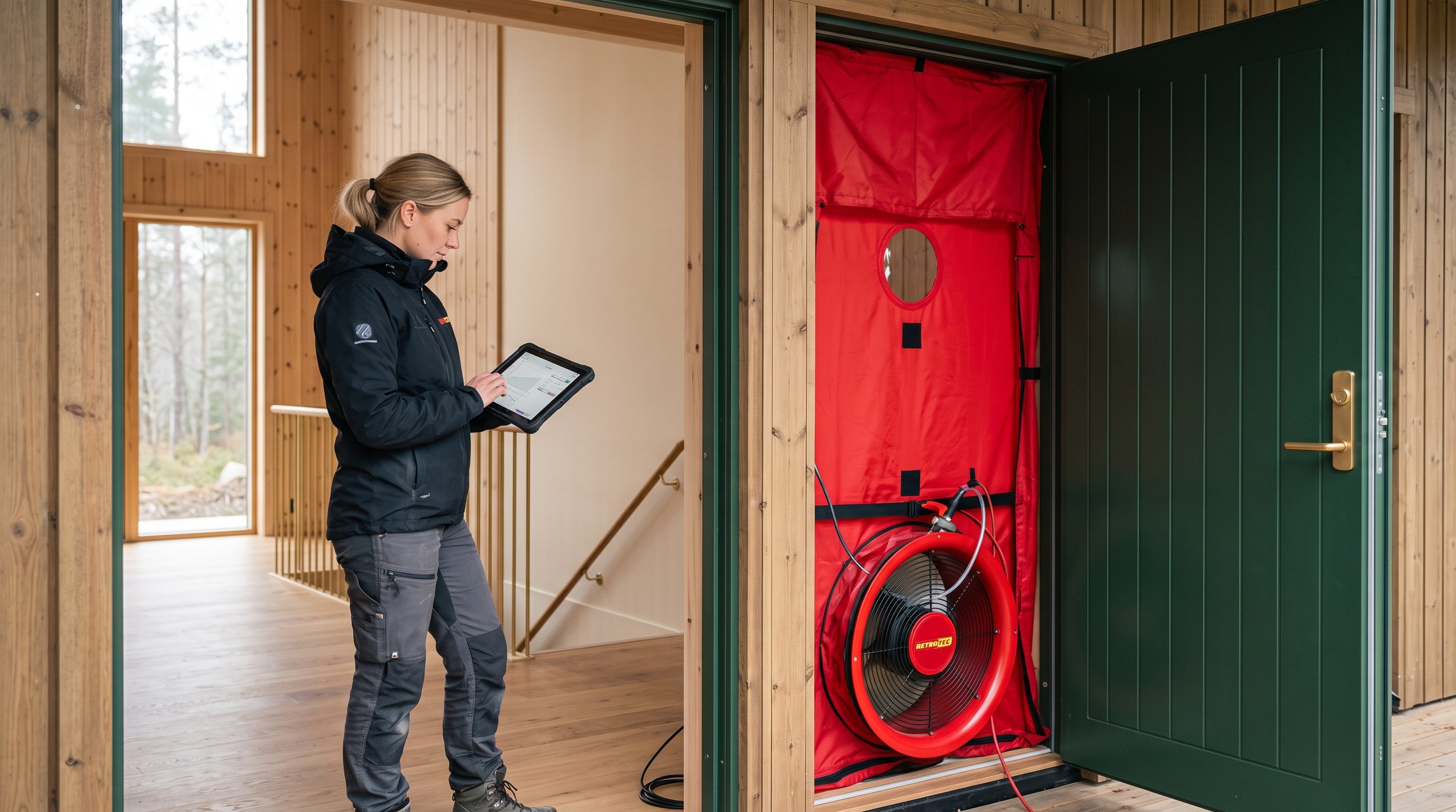 Test d'infiltrométrie : ventilateur blower door installé dans une porte d'entrée