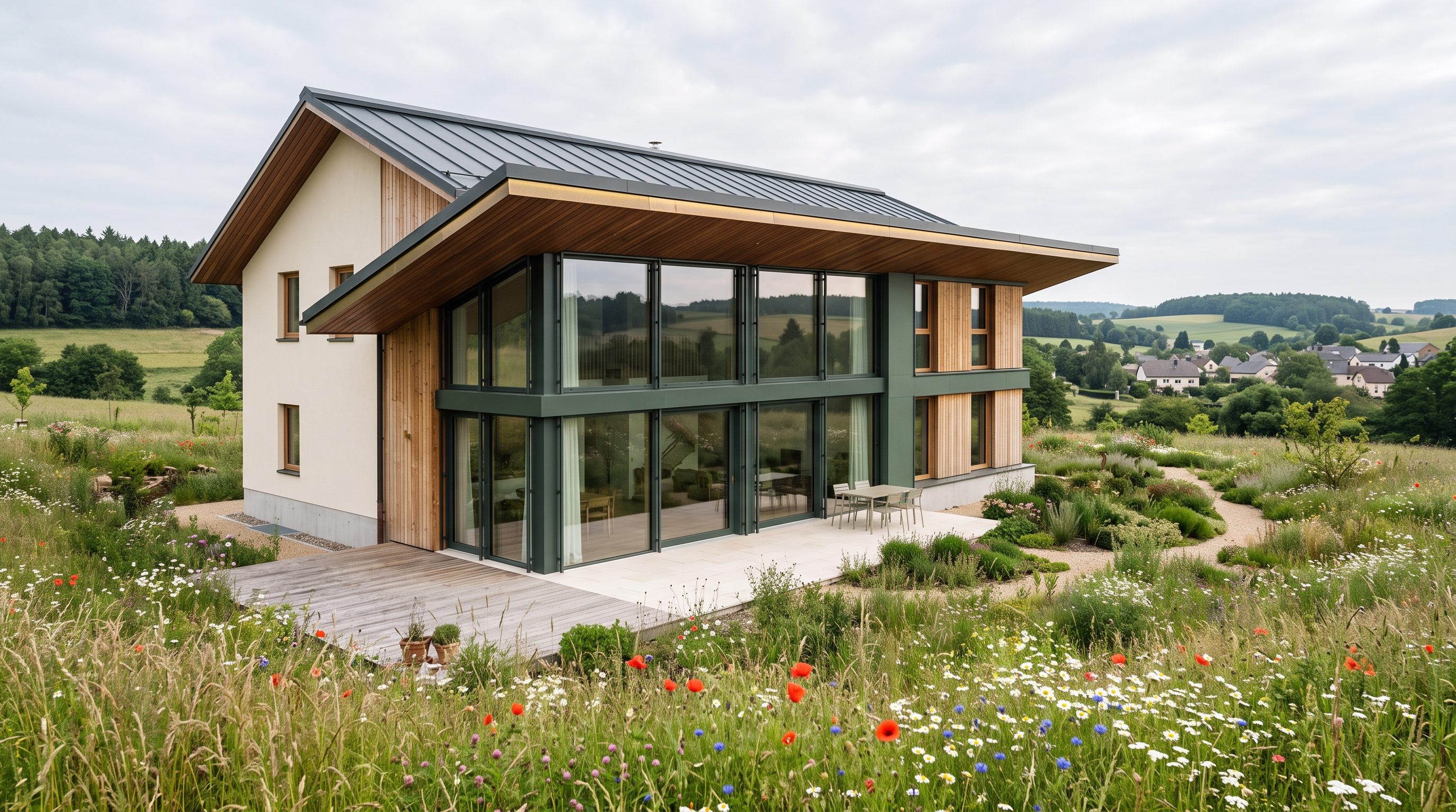 Maison passive : façade sud vitrée protégée par une casquette, prairie fleurie