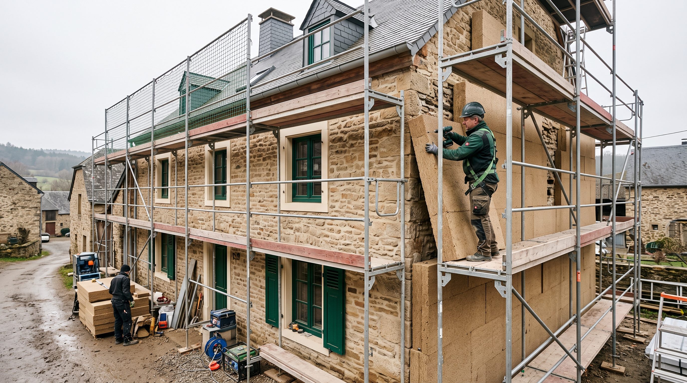 Pose de panneaux isolants en fibre de bois sur une maison en pierre luxembourgeoise