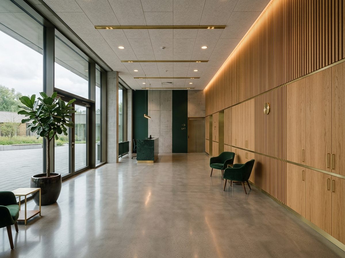 Hall d'entrée : béton poli, claire-voie en bois et détails laiton