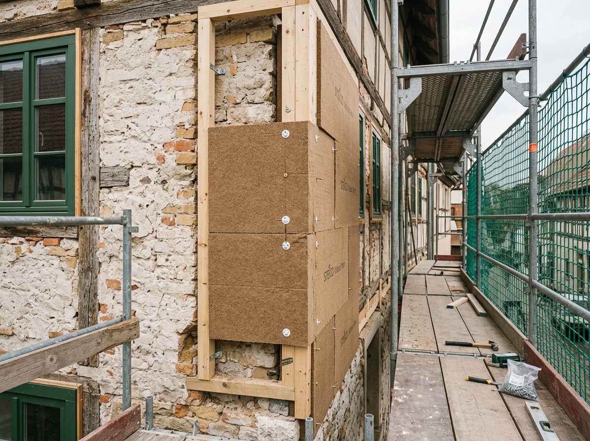 Pose des panneaux de fibre de bois sur la façade côté cour