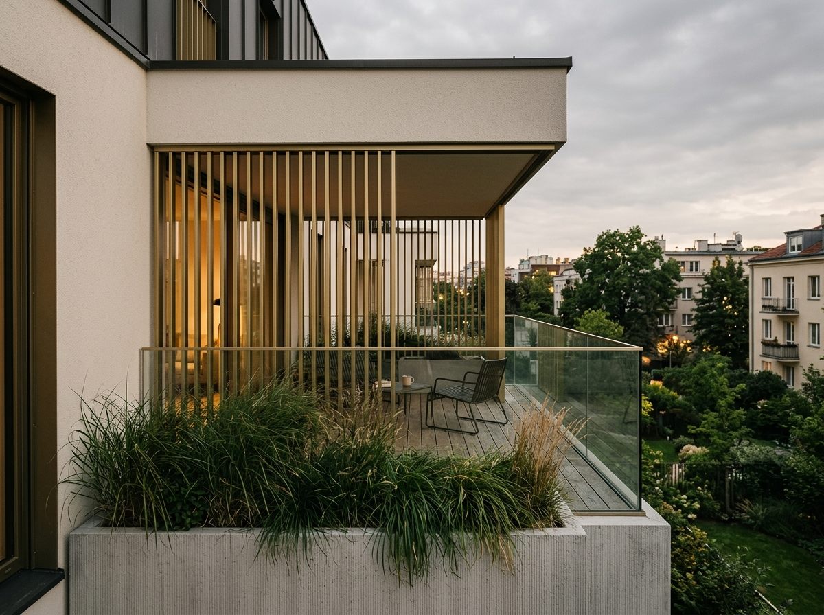 Balcon avec brise-soleil laiton et jardinières plantées