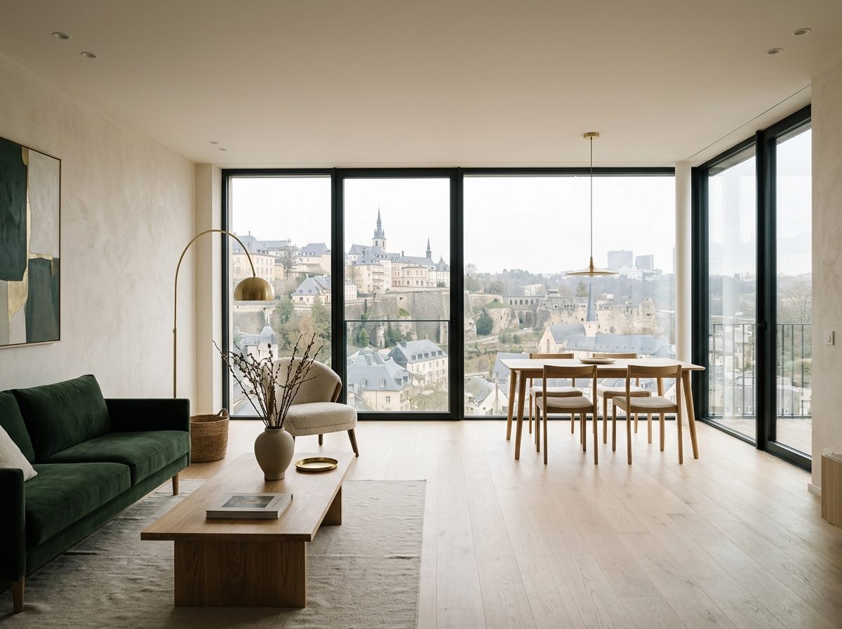 Intérieur d'un appartement : baies toute hauteur sur les toits de Luxembourg