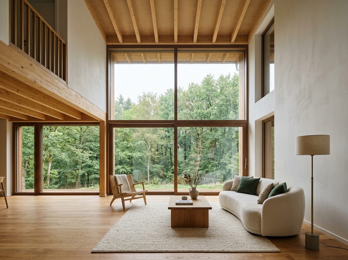 Séjour double hauteur : plafond bois, baies vitrées sur la forêt