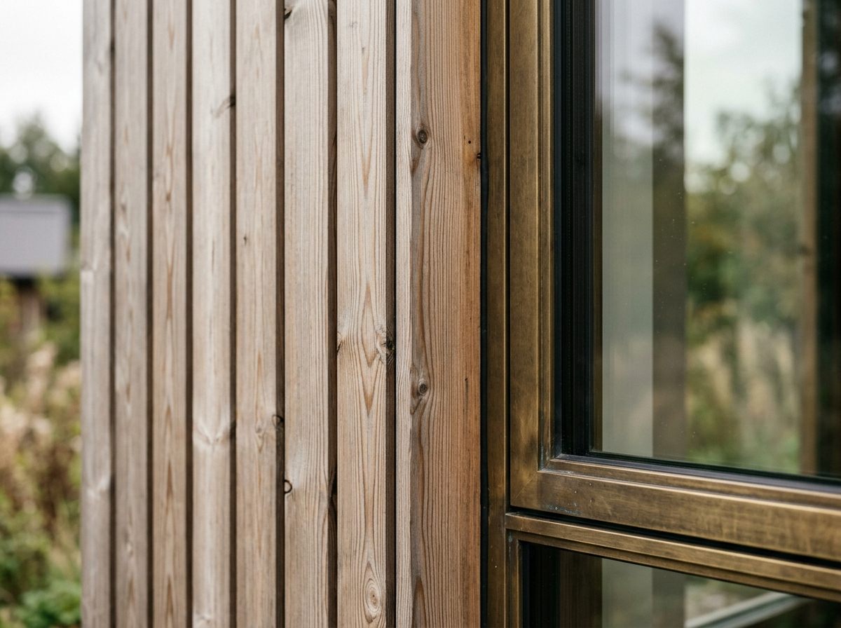 Détail de façade : bardage mélèze et menuiserie laiton