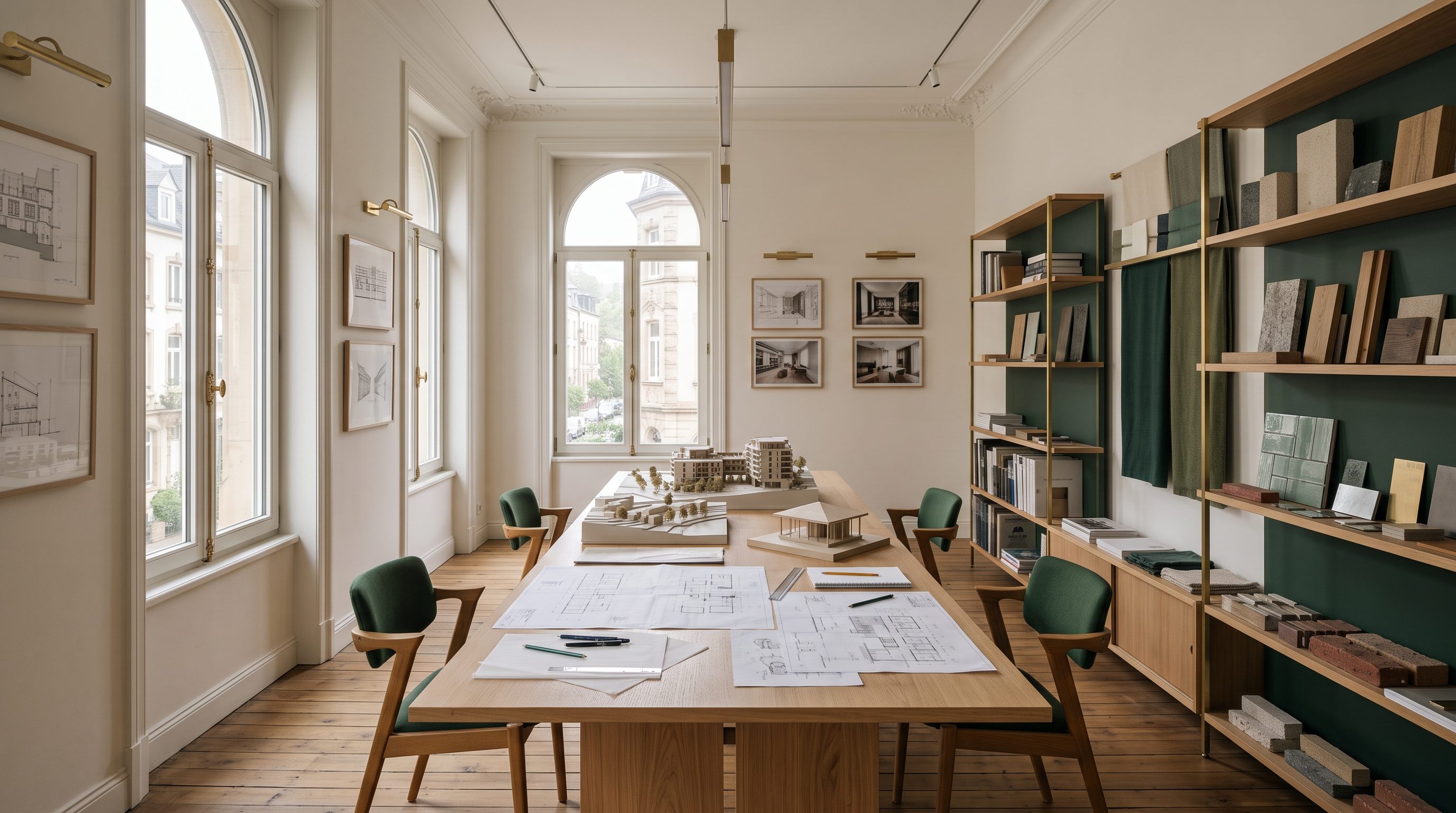 L'atelier de l'Atelier Hauss : grande table de travail, maquettes et lumière naturelle